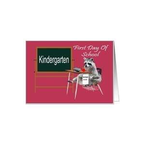  Kindergarten, Raccoon in school desk with books, apple and note Card