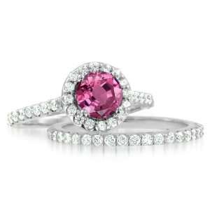 Natural Pink Sapphire Diamond Engagement Wedding Ring Bridal Set in 