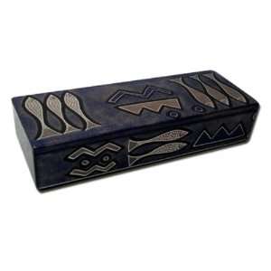  Pencil Box Blue Mudfish Design African Art Desk Storage 