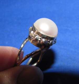 New huge genuine pearl solitaire, sterling silver ring sz 7 1/4 marked 