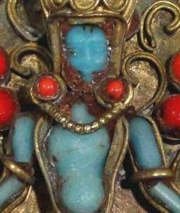   Chinese or Indian Coral & Blue Stone Brooch Vintage Pin Possibly Hindu