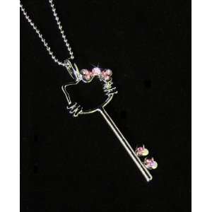  Trendy Pink Kitty Outline Key Charm Necklace with Dazzling Pink 