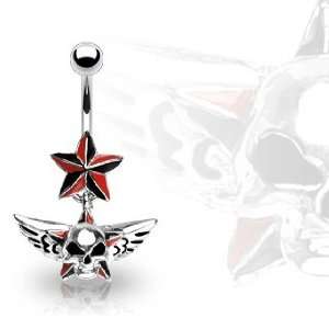   Red Star Belly Ring with Winged Star Skull Dangle   14G   3/8 Bar