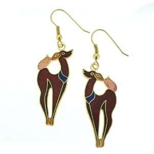  Gold Plated Deer Cloisonne Earrings   40mm Height   Red 