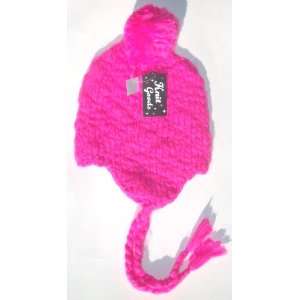  Pink Bulky Knit Pilot Hat Cap Has Tie String and Ear Flaps 