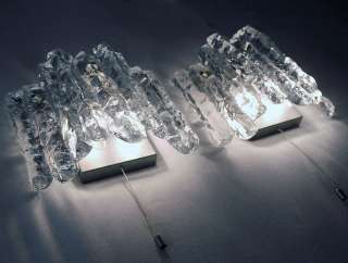 Pair of 60s KALMAR Ice Glass ICICLE Block WALL SCONCES Lamps Lights 