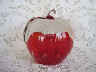 Clear and Red Art Glass Apple Paperweight  