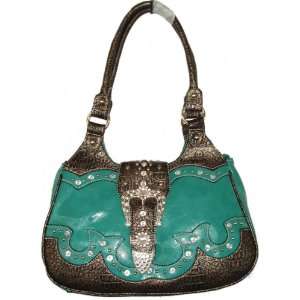   Leatherette Rhinestone Buckle Flap Shoulder Handbag Purse in Turquoise
