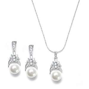  Pearl and Cubic Zirconia Baguettes Necklace Earring Set Jewelry