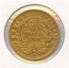 France 1858 A 20 Francs 6.42 gram Gold Coin KM#781.1  