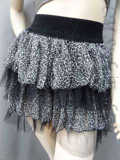 Leopard Print Tulle Tiered Layered Mini Skirt Black XS  
