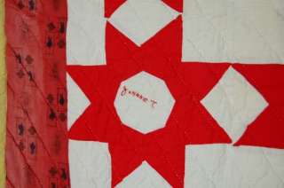 40s Red & White Touching Stars Antique Signature Quilt  
