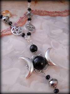 Triple Moon Rosary Necklace, wicca,pagan, pentacle  