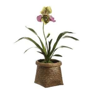  Faux 22 Lady?s Slipper Orchid Plant in Basket Purple Green 
