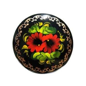  GreatRussianGifts Red Flowers Round Lacquer Broach