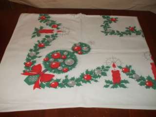 Vintage Christmas Tablecloth~Topiaries W/Red Bows~Ornaments~Candles 