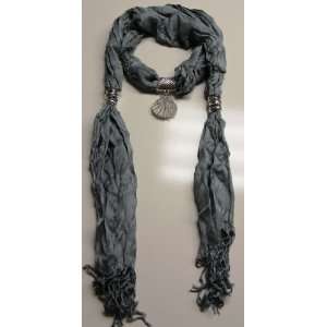   Slategray Fashion Scarf with Bejeweled Shell Pendant 