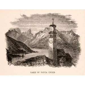 1905 Wood Engraving Lake Santa Croce Belluno Veneto Italy Tower 