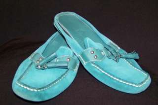 COLE HAAN~Teal Leather Suede Silver Mules Slides Loafers Flats TAssel 