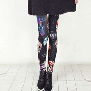 Colorful Skull Leggings with Galaxy Graphic Print Funky Rock Punk 