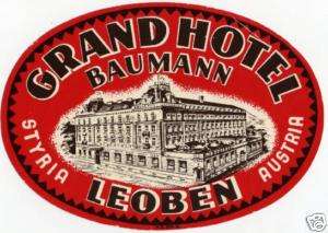 Hotel Baumann   LEOBEN AUSTRIA   Luggage Label, c. 1935  