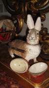 ANTIQUE GERMAN EASTER BUNNY RABBIT w CART EGG CANDY CONTAINER PAPER 