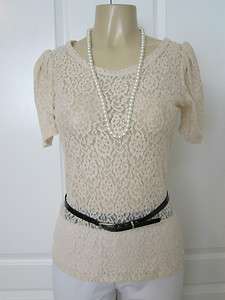 BEAUTIFUL BEIGE SHEER LACE RUCHED SHORT SLEEVES BLOUSE / TOP  