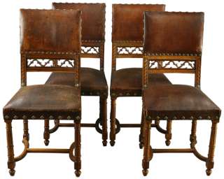 Set 4 Antique French Gothic Revival Dining Chairs Worn Leather Carved 