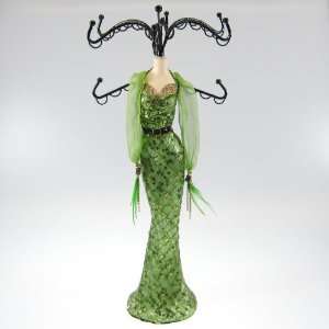 Green Sequin Dress Mannequin Jewelry Stand with Feather Scarf  