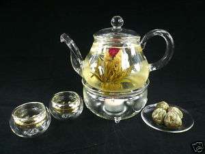 Glass Teapot + Teacups + Warmer + 8 Blooming Tea A  