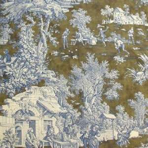  54 Wide Pastoral Toile Blue/Latte Fabric By The Yard 
