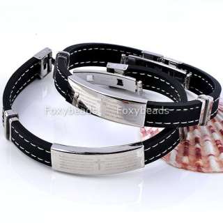 Mens Silvery Stainless Steel Bible Cross Black Rubber Wristband Cuff 
