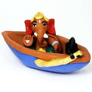  Terra cotta Ganesha Statue in Boat with Mouse Everything 