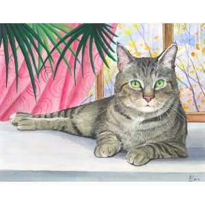  Green Eyed Grey Tabby Cat Original Watercolor Painting 