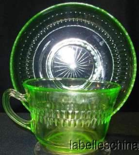Hocking Glass Roulette Green Teacup and Saucer Depression Glass Tea 