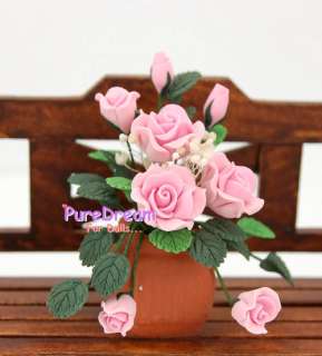 Pink Rose Flower Plant 112 Dollhouse Clay Potted OP036  