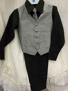 new boy Black shirt pants silver vest tie set 8 10 12 church party 