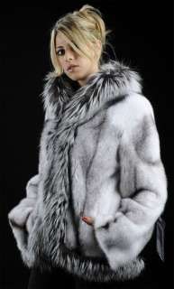 Black cross full skin mink fur jacket with natural silver fox trimming 