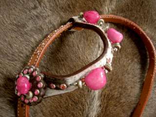 HORSE BRIDLE WESTERN LEATHER HEADSTALL TACK PINK STONES BLING HAIR ON 