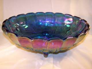   INDIANA GLASS IRIDESCENT BLUE FOOTED FRUIT BOWL HARVEST PATTERN  