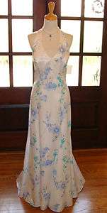 White Satin Blue Floral Formal Halter Gown Sweep Train Prom Party 