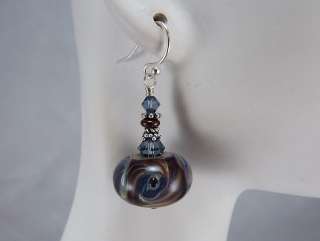 Sierra, boro lampwork and crystal beaded earrings, blue, brown, silver 