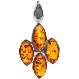 Sterling Silver Cognac Color Amber Small Four Stone Marquise Pendant 