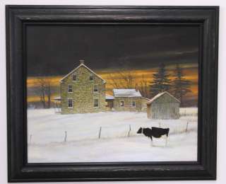 Jerry Cable brick house snow cow landscape picture framed  
