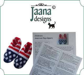 Knitting instructions for American flag slippers, by Jaanadesigns.