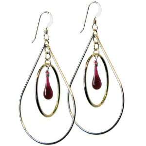  Cranberry Sundrop Pear Earrings, glass and sterling silver 