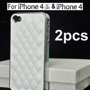 2X White Deluxe Leather Chrome Case Cover for Apple iPhone 4S 4 4G in 