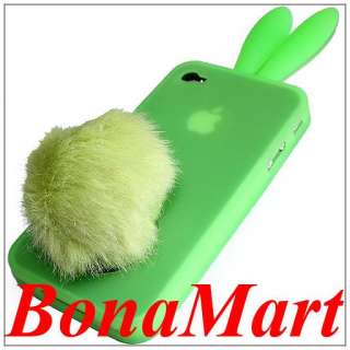   Cute Rabbit Bunny Ear Silicone Case Bushy Tail Holder fr iPhone 4S 4G