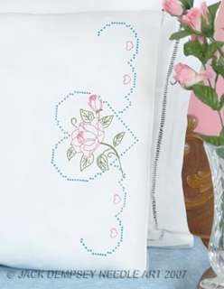 Jack Dempsey Stamped Embroidery kit 20 x 30 Pillowcases ROSE & HEART 
