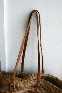 VTG tan olive green brown woven staw tote boho purse handbag leather 